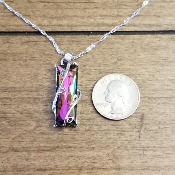 CRYSTAL GLASS NECKLACE Rainbow Silver Long Chain - Picture 5 of 6